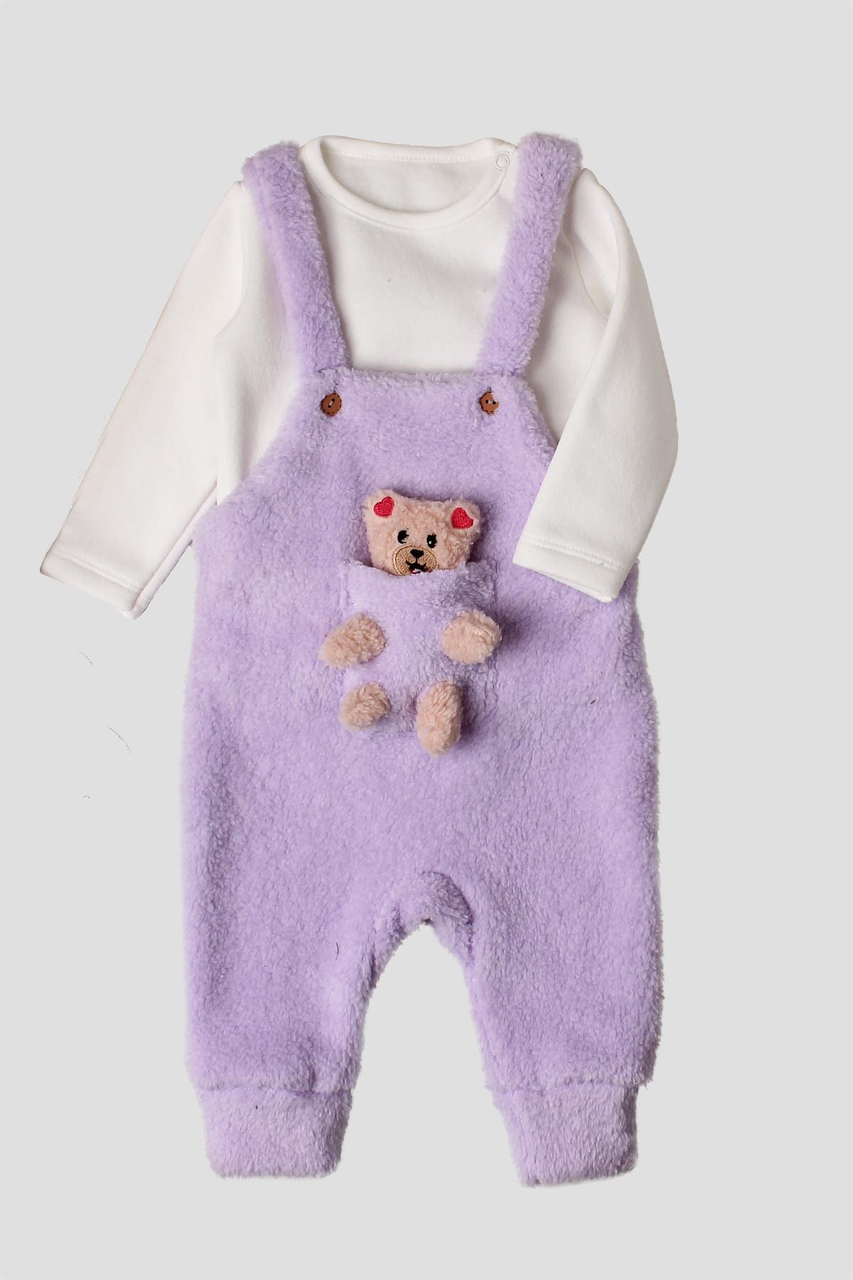 Kız Bebek Peluş Ayıcık Cepli Askılı Tulumlu 2’li Takım 6-24 Ay
